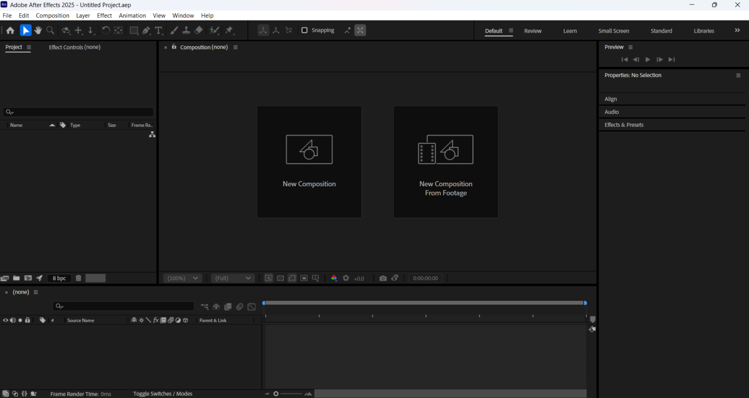 Adobe After Effects 2025 user interface displaying a modern workspace with organized tool panels on the sides, a central composition window showing a sample animation, and a timeline with multiple layers at the bottom. The environment appears clean and professional, designed for creative video editing and motion graphics. No visible text in the interface. The overall tone is focused and productive.