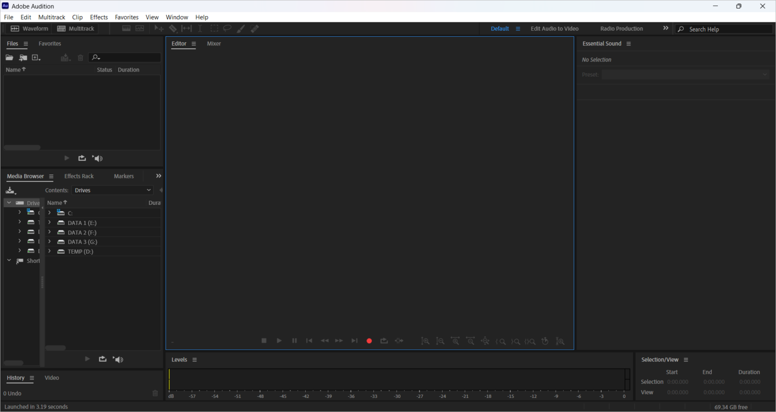 Interface Adobe Audition 2025
