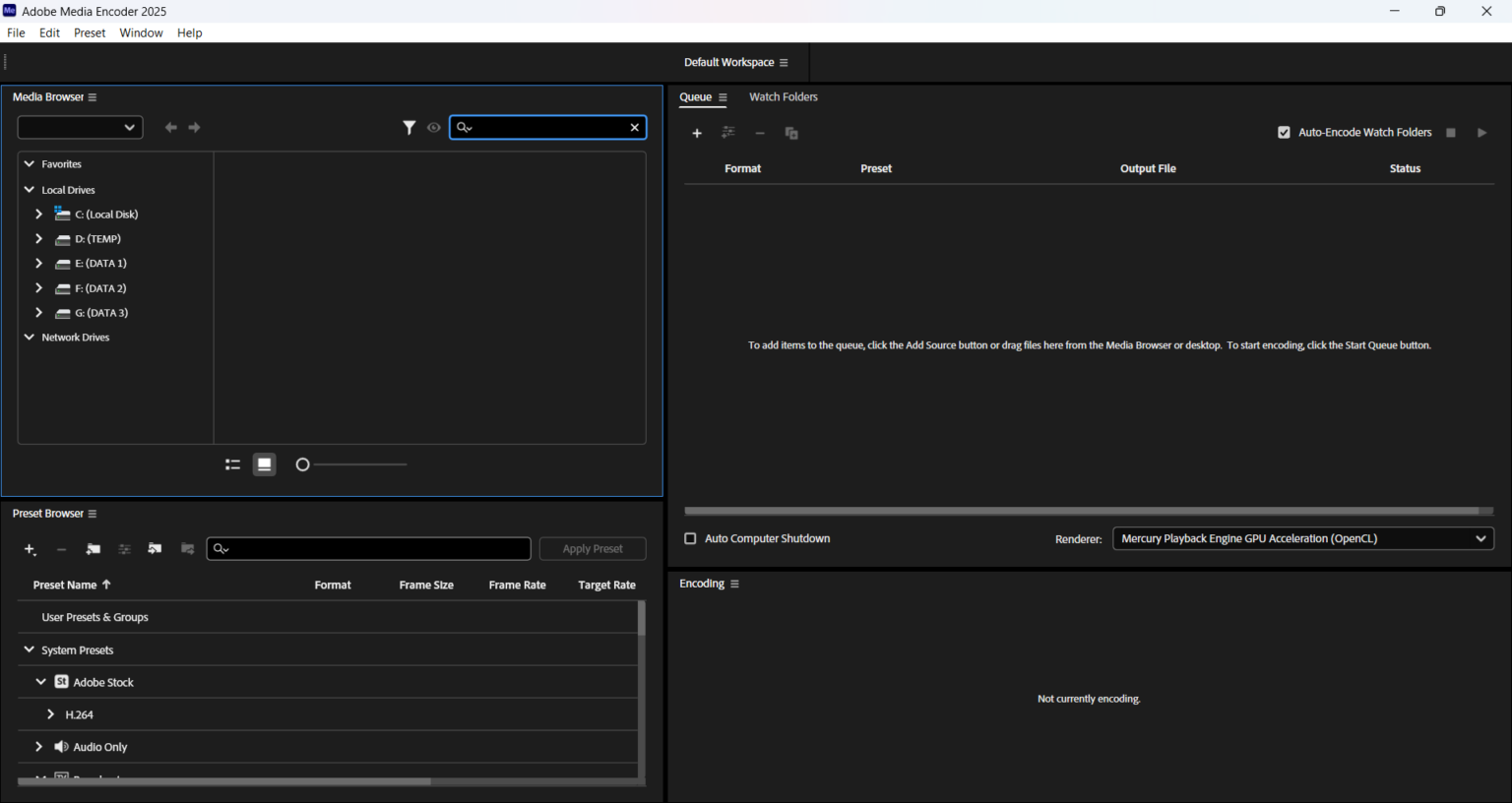 Interface Adobe Media Encoder 2025
