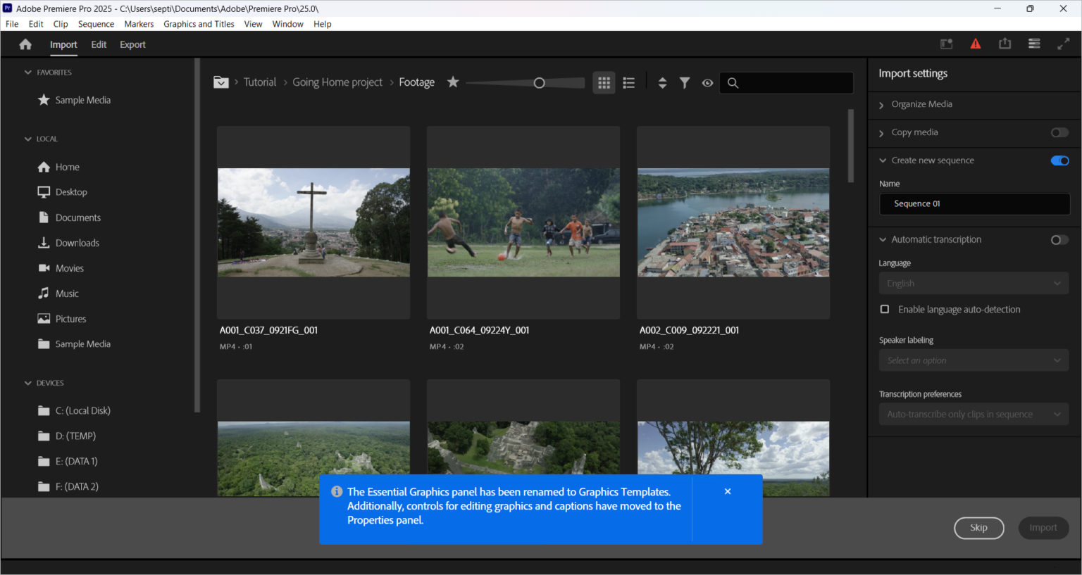 Interface Adobe Premiere Pro 2025